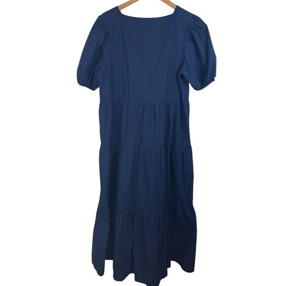 Lusana Tiered Surplice Puff Sleeve Midi Dress Womens Size 8 Navy Cotton - Picture 2 of 4